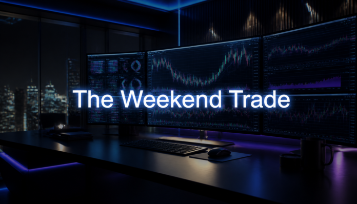 A futuristic trading desk glowing at night, representing the global momentum of The Weekend Trade.
