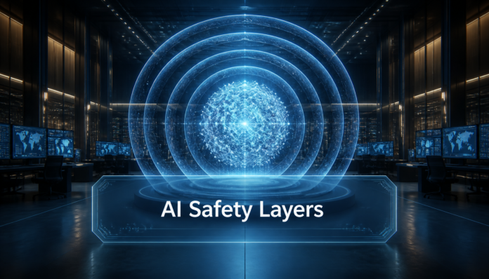 A futuristic cybersecurity dashboard visualizing Model Governance Safety Layers protecting an AI neural network core.