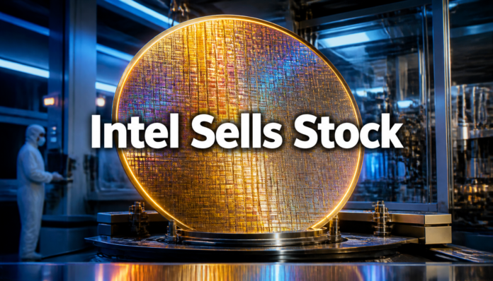 A glowing high-tech silicon wafer in a modern semiconductor facility, illustrating the news that Intel hasn't sold stock in decades.