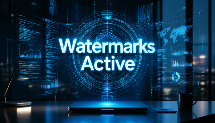 An illustrative banner depicting how Anthropic adds invisible watermarks to AI outputs for security and transparency.