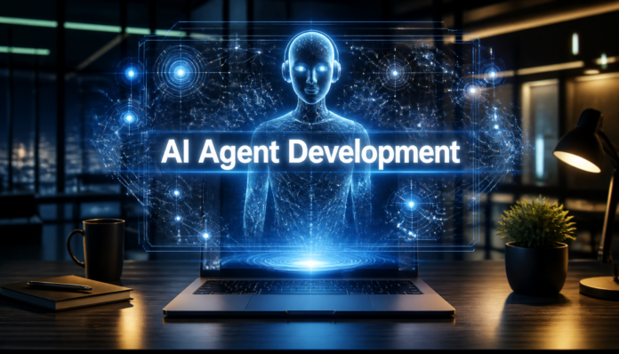 A futuristic holographic interface representing Ai Personal Assistant Agent Development on a modern office desk.