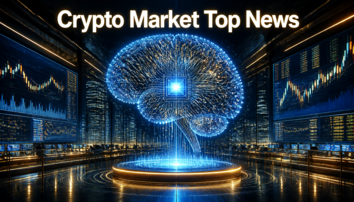 A futuristic financial trading floor representing the Crypto Market Top News Today.