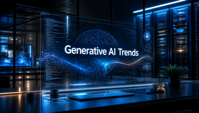 A high-tech digital interface displaying the latest generative AI trends outlook with glowing neural networks.