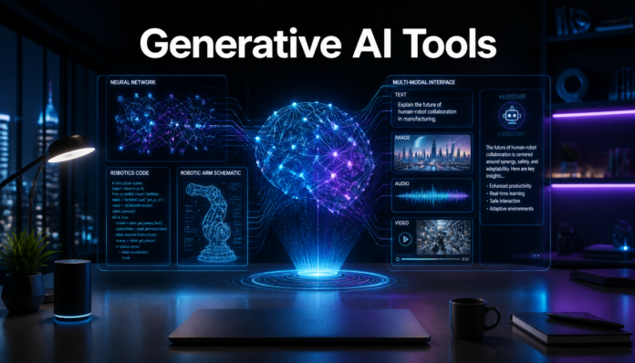 A futuristic holographic display illustrating advanced Generative AI Tools in a modern tech workspace.