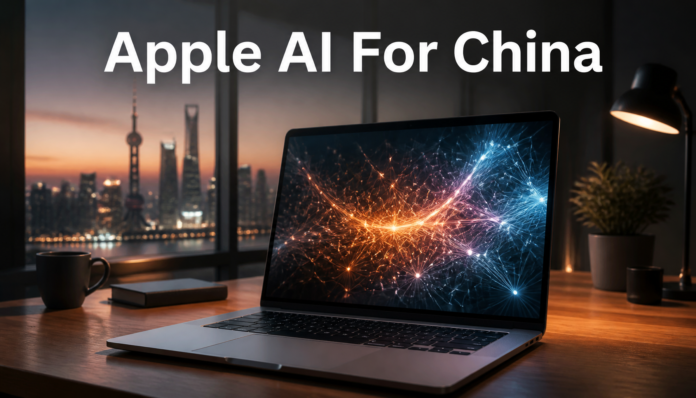 A premium laptop displaying a glowing neural network, representing how Apple created its own AI for China.