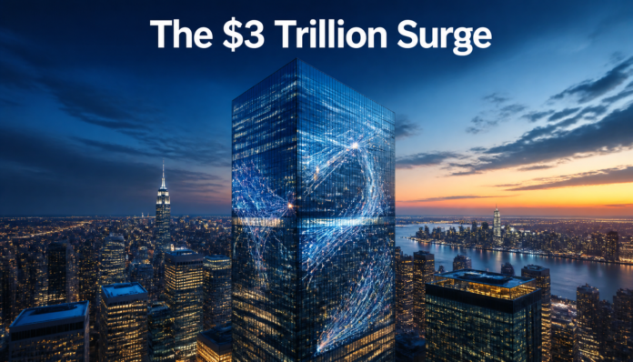 A conceptual visualization of Big Tech’s AI spending represented by a glowing digital skyscraper at night