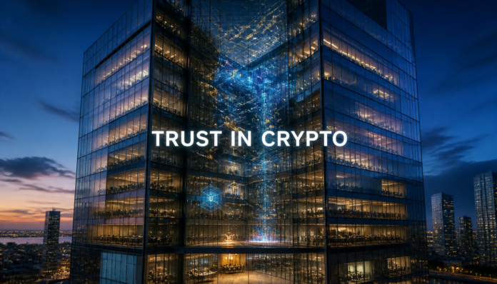 A futuristic financial skyscraper lit up with blockchain data, explaining why institutions finally believe in crypto.