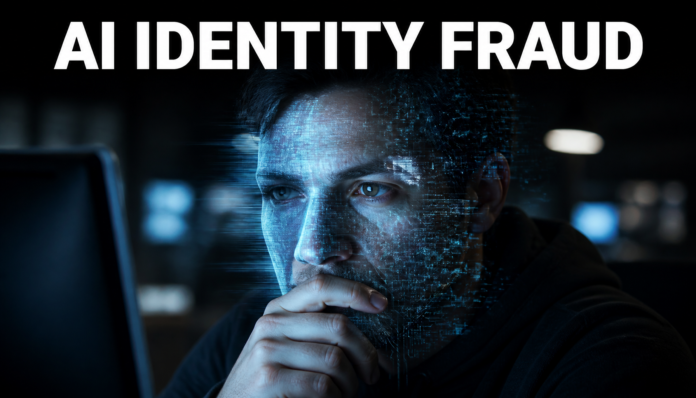 A holographic face mask slipping to reveal digital code, representing the dangers of AI-powered identity fraud.