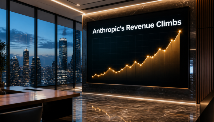 A sleek corporate presentation screen displaying a rising financial graph representing Anthropic's revenue.