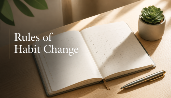 A minimalist desk setup with a journal illustrating the 3 golden rules of habit change.