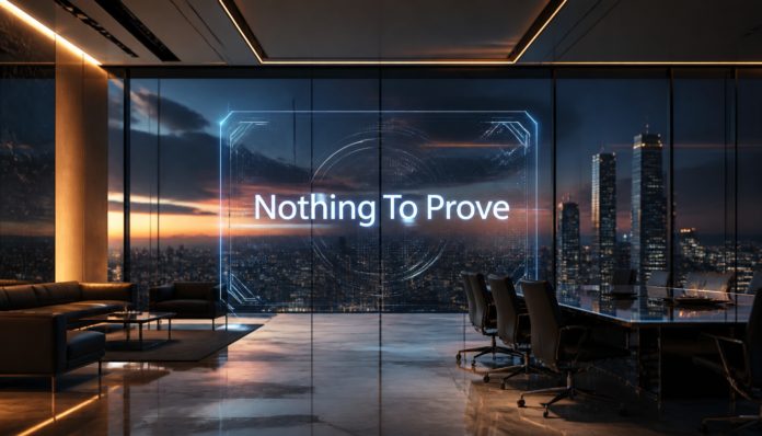 A sleek modern boardroom with a holographic display reading Nothing To Prove, illustrating the theme Crypto Has Nothing To Prove.