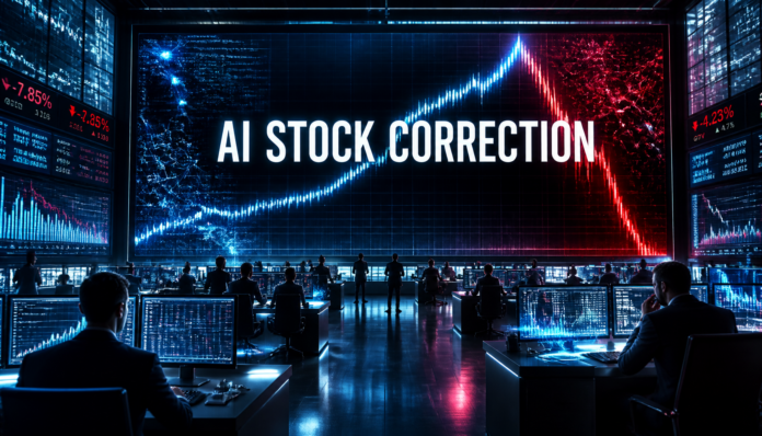 A futuristic financial chart showing market volatility, illustrating an AI stock correction.