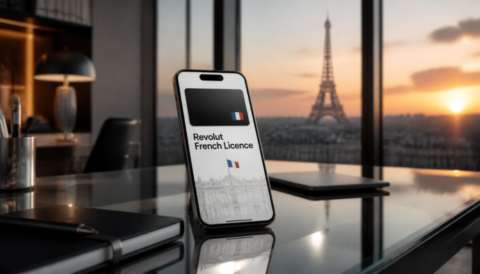 A modern smartphone showcasing the Revolut French banking licence on its screen with a Parisian backdrop