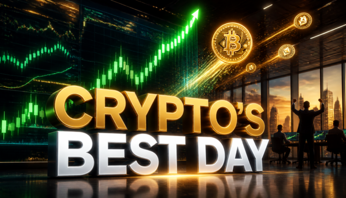 A surging cryptocurrency chart in a modern trading room illustrating how President Trump has just given crypto its best day.