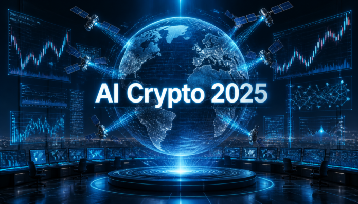 Futuristic digital interface representing the Best Ai Crypto Predictions 2025 Spacex Bond Play with holographic data charts and orbital satellites.