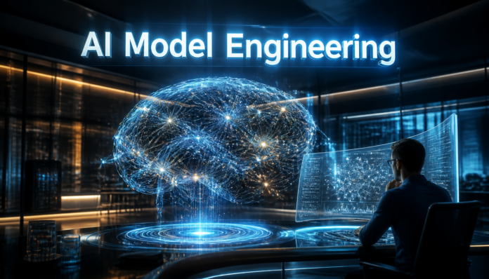 A futuristic research laboratory illustrating AI Model Engineering with a glowing holographic neural network