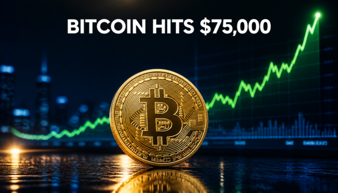 A glowing golden Bitcoin coin on a rising market chart celebrating how Bitcoin just cleared $75,000.
