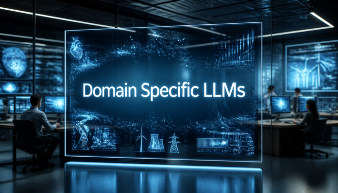 A futuristic tech office showcasing specialized AI solutions by a leading Domain Specific Llm Development Company.