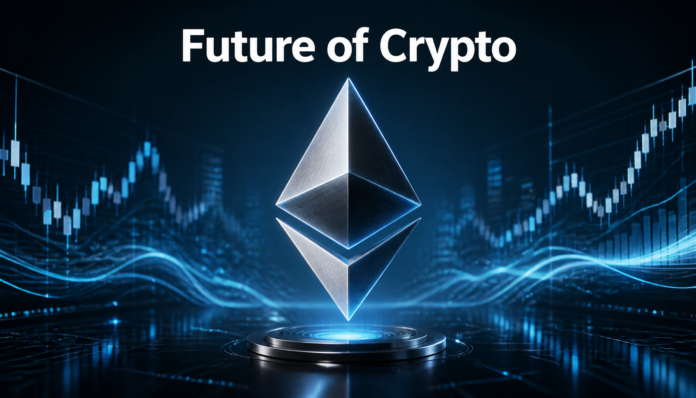 A futuristic holographic visualization of a cryptocurrency network representing the future of Ethereum and crypto