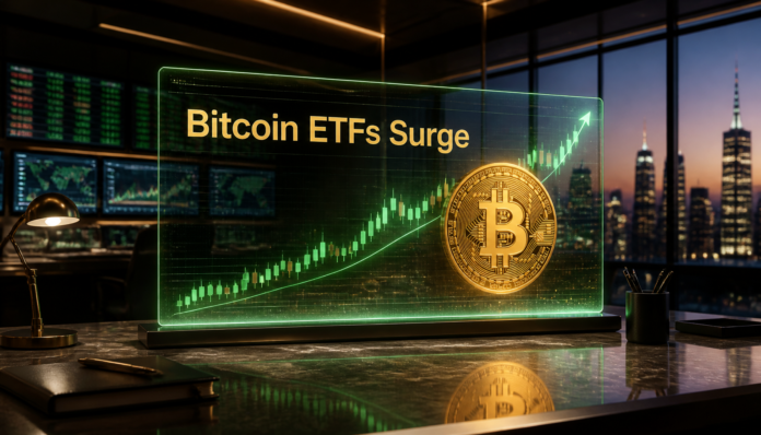 A professional financial trading chart showing the best week for Bitcoin ETFs since Bitcoin crash with a soaring golden coin.