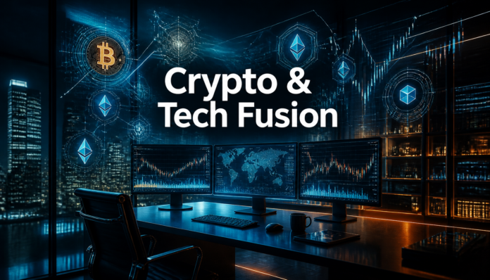 A modern tech office featuring digital blockchain holograms, illustrating the influence of cryptocurrency on the tech industry.