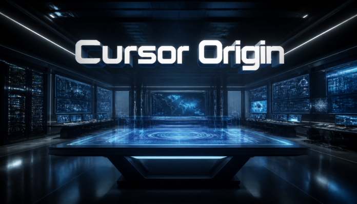 A futuristic code server terminal displaying Cursor Origin tools for AI development.