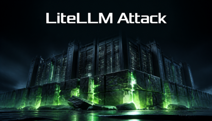 A conceptual visualization of a LiteLLM supply chain attack showing a compromised digital fortress.