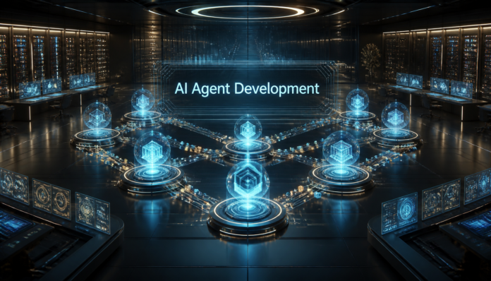 A futuristic digital network showing transacting autonomous systems created by a professional Ai Agent Development Company.