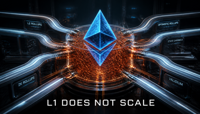 A conceptual digital visualization of a congested blockchain network, illustrating why Ethereum’s L1 Does Not Scale.