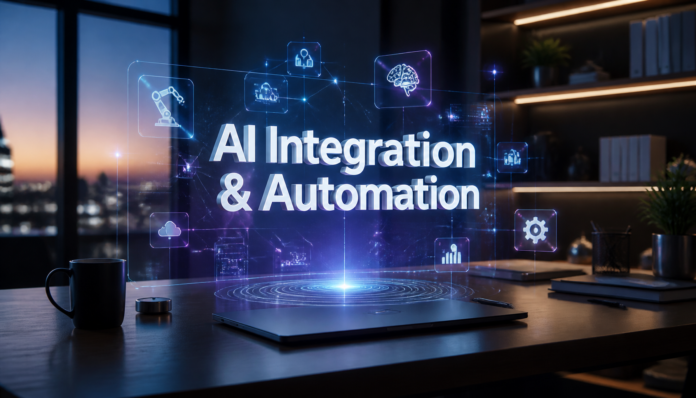 A modern workspace with holographic interfaces representing Ai Integration And Automation in business workflows.