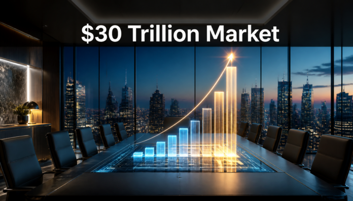 A conceptual visual representing the Anthropic $30 Trillion Market projection with digital financial growth charts in a modern corporate setting.