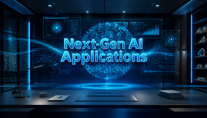 A futuristic holographic interface displaying advanced Ai Applications in a modern corporate setting