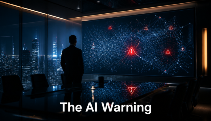 An editorial graphic depicting a futuristic digital boardroom representing the Bill Gates AI warning.
