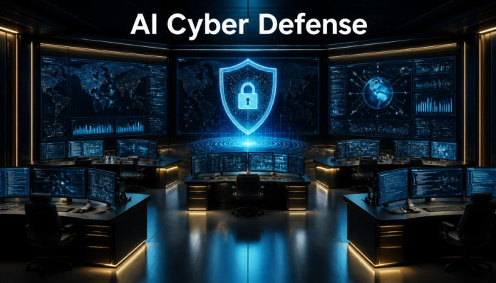The official AI Cyber Defense Coalition collaborating in a futuristic tech command center to protect global networks.