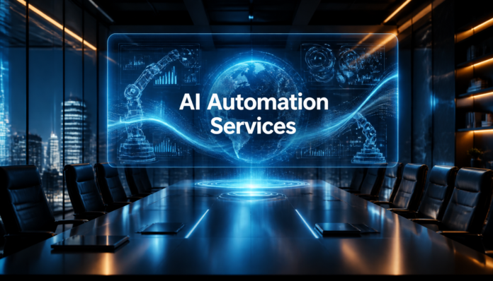 A professional corporate setting highlighting futuristic AI Automation Services with a glowing holographic global network display.