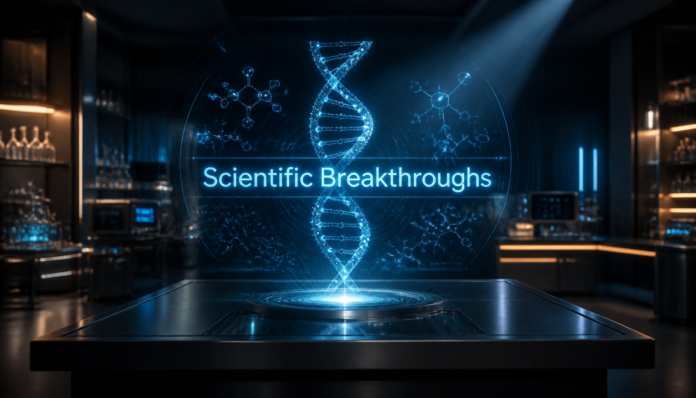 A futuristic laboratory showcasing breakthrough scientific innovations with a glowing holographic DNA helix.